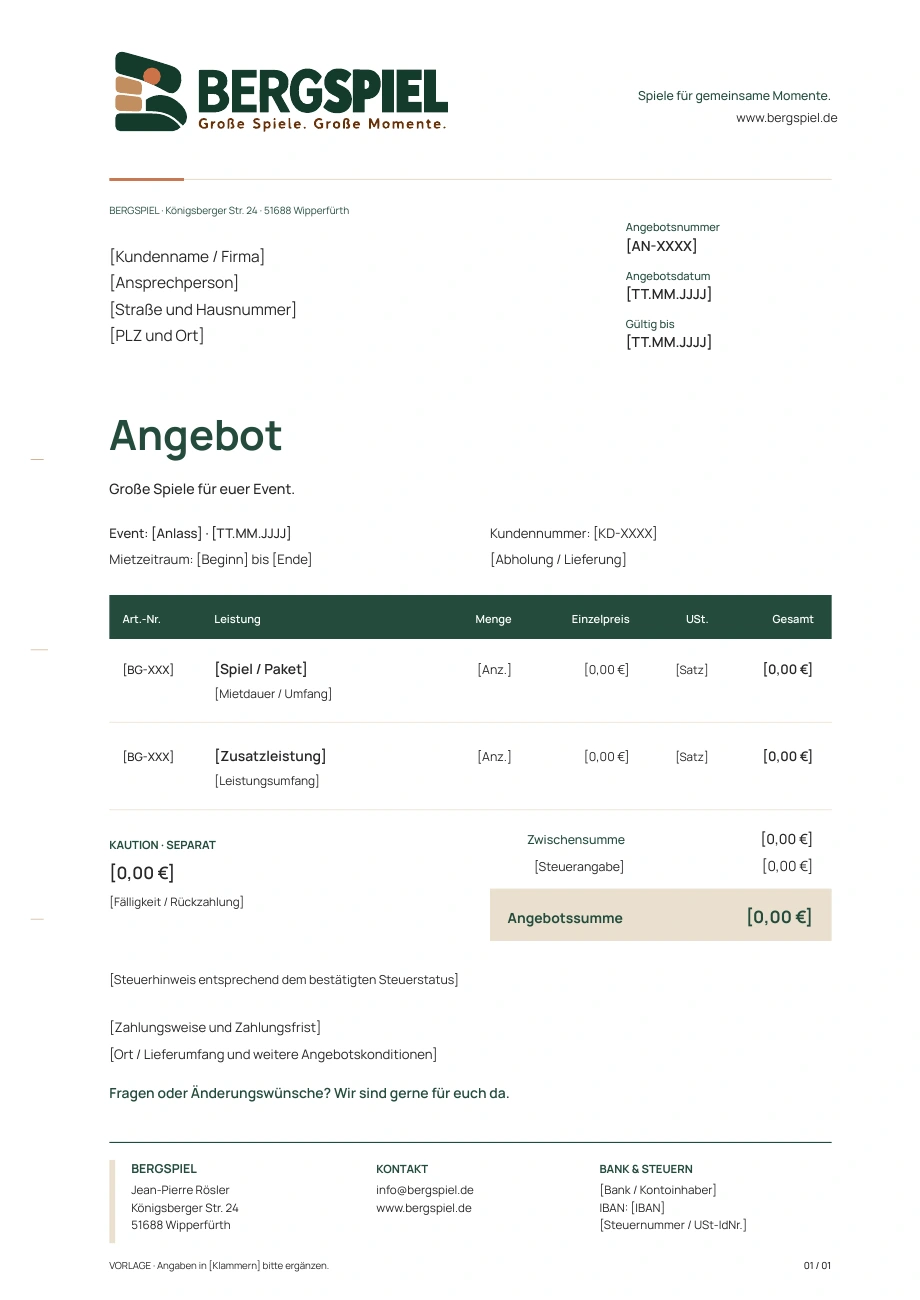 Original-Angebotsvorlage mit gekennzeichneten Platzhaltern