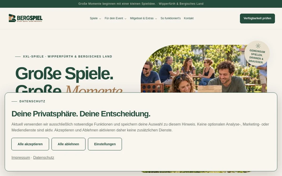 Echte gespeicherte Bildschirmaufnahme der BERGSPIEL-Website mit großem Datenschutzhinweis